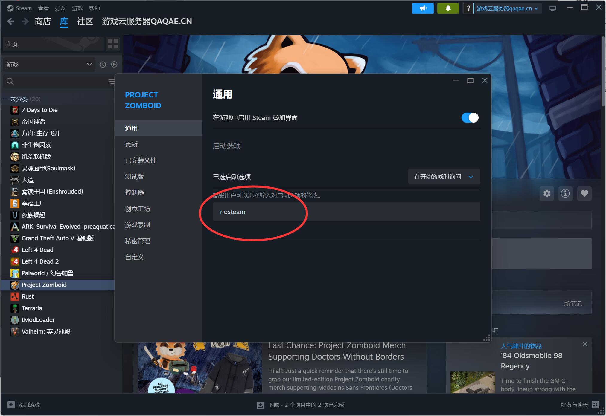 添加启动参数nosteam